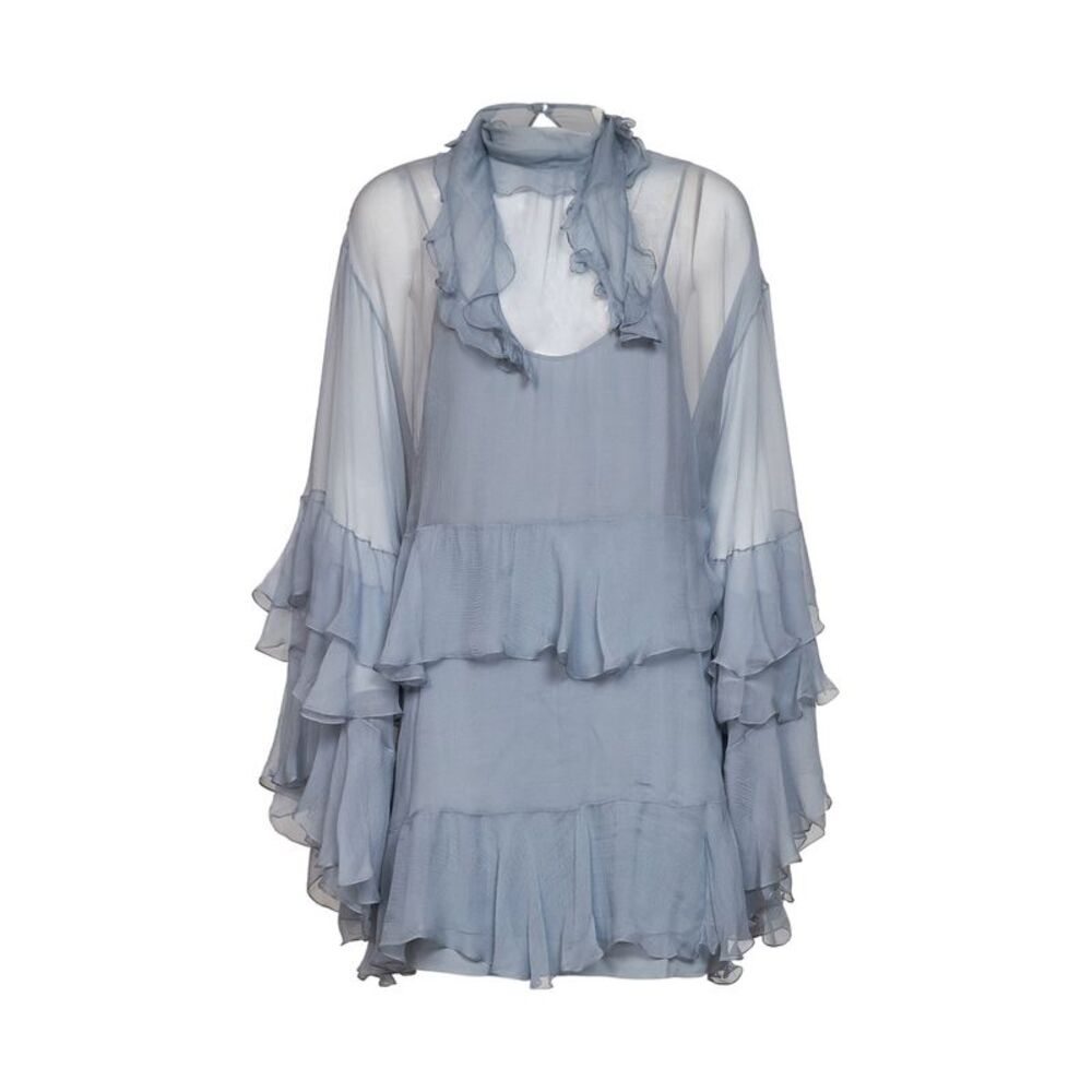 Chloé Women Light Blue Silk Muslin Ruffled Mini Dress